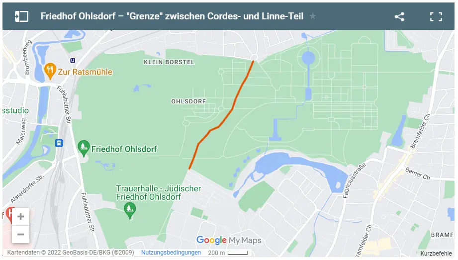 Schematische Karte des Übergangs zwischen Cordesteil und Linneteil auf dem Friedhof Ohlsdorf