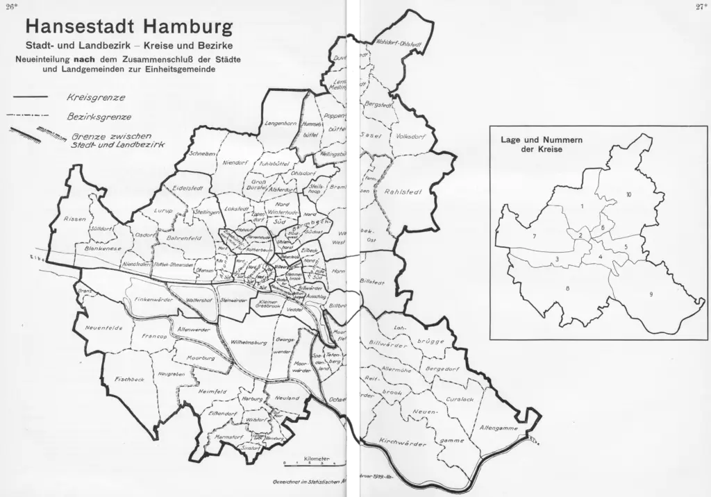 Historische Übersichtskarte der Einheitsgemeinde Hamburg 1938