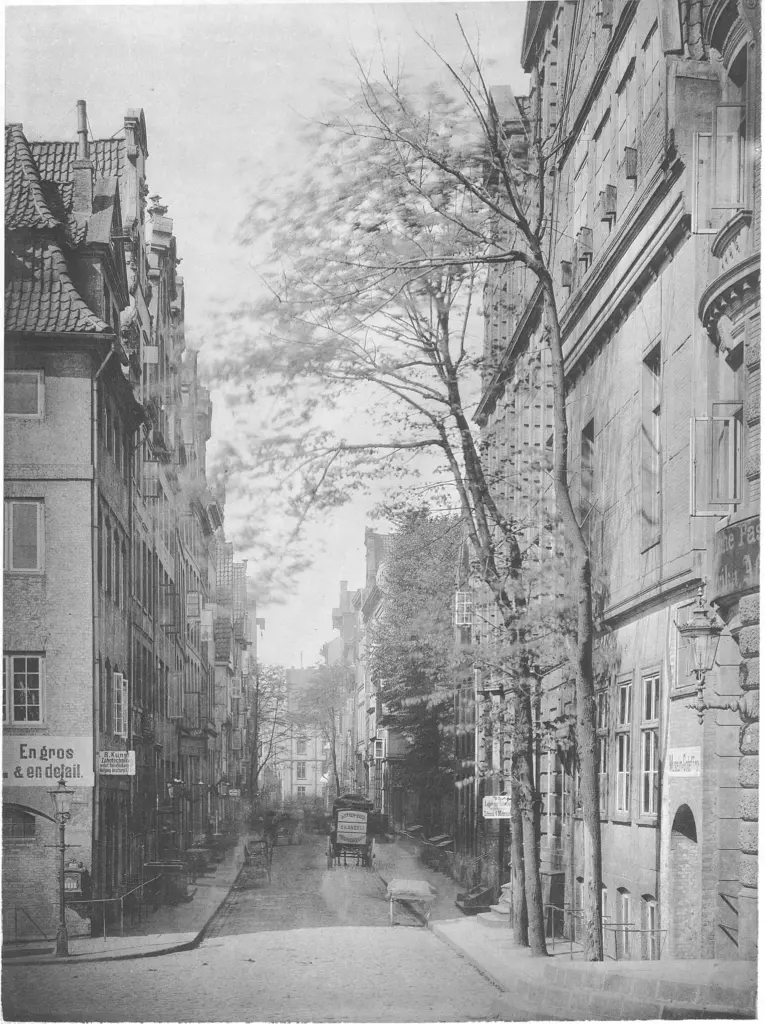 Blick in die enge Straße Alter Wandrahm mit hohen Speicher- und Wohnhäusern, Fotografie von 1883