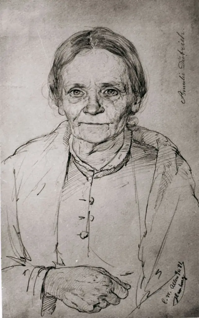Federzeichnung einer älteren Frau mit gefalteten Händen, signiert C. W. Allers, Hamburg 1881