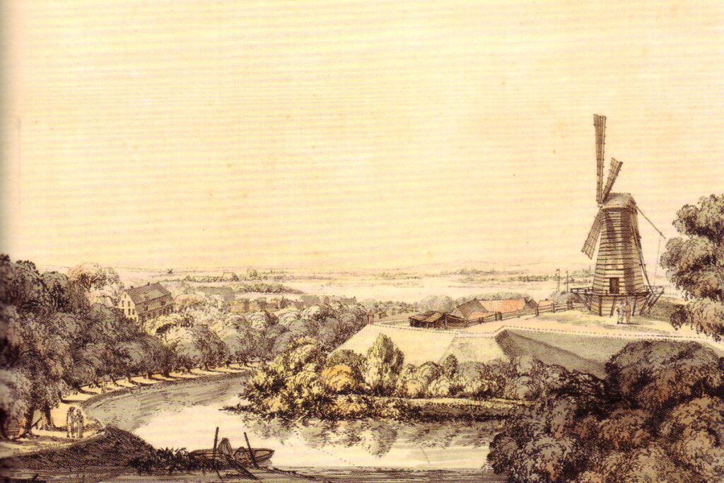 Kolorierter Stich um 1820: die ehemalige Bastion Bartholdus mit Mühle auf dem Wall, davor der Wallgraben