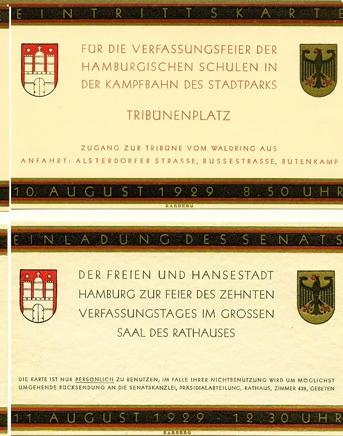 Zwei gedruckte Karten von 1929 mit Hamburger Wappen und Reichsadler