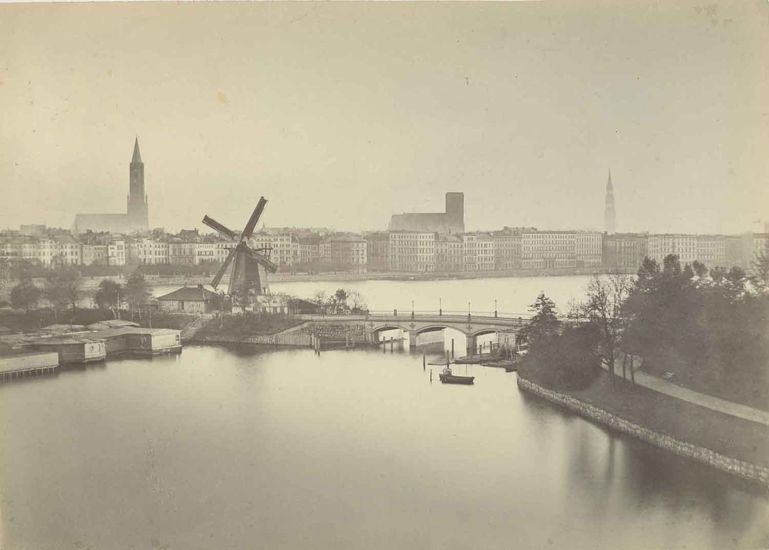 Historisches Hamburger Stadtpanorama an der Binnenalster im Jahr 1865