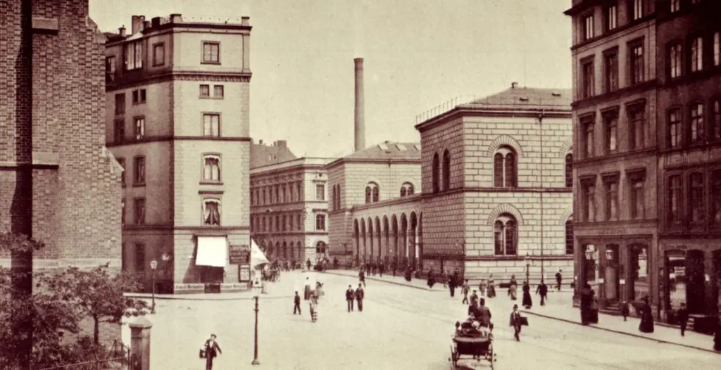 Straßenansicht des Johanneums am Speersort mit Arkadengang, Fotografie um 1890
