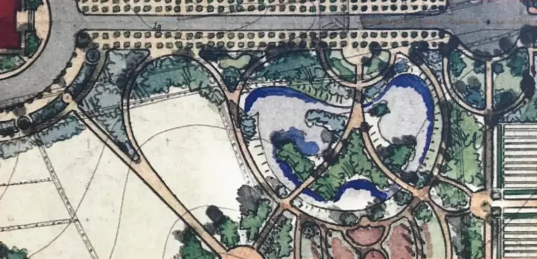 Handgezeichneter und kolorierter Generalplan von 1895 mit Südteich, Insel, Cordesallee und Rosarium; Ausschnitt aus einer Informationsstele