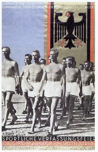 Farbiges Plakat von 1930 mit marschierenden Sportlern vor einem Reichsadler