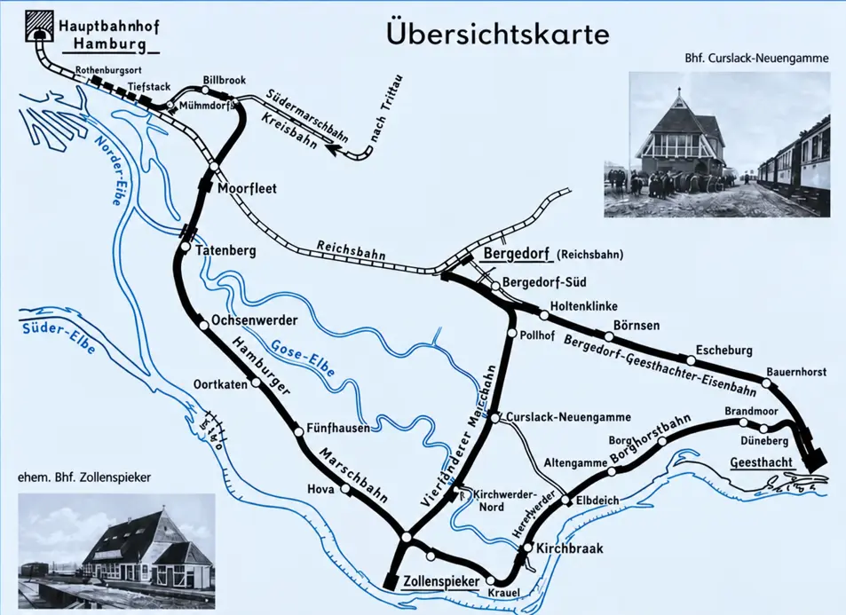 Übersichtskarte mit Vierländer Bahn, Hamburger Marschbahn und Bergedorf-Geesthachter Eisenbahn
