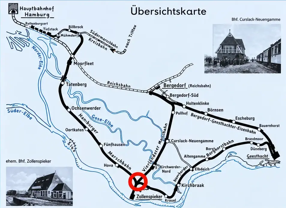 Übersichtskarte mit Vierländer Bahn, Hamburger Marschbahn und Bergedorf-Geesthachter Eisenbahn
