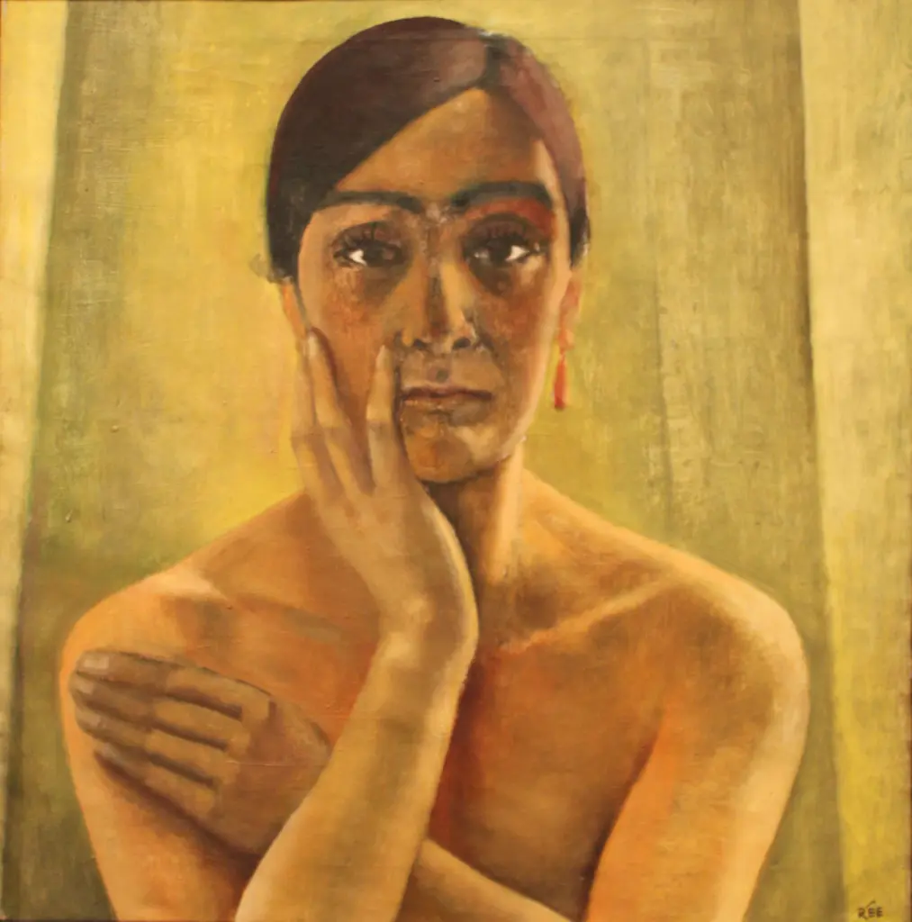 Anita Rée im Selbstbildnis von 1930, mit einer Hand an der Wange und der anderen auf der Schulter.