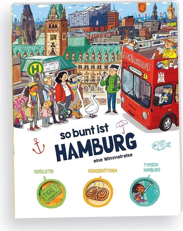 Buchcover: „Hamburg Wimmelbuch. So bunt ist Hamburg“ von Jannes Weber, Johannes Schimmsel Verlag.